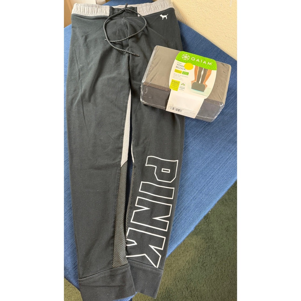 PINK Joggers M Black Gray Mesh Yoga Pants & Gaiam Yoga Block Bundle Athleisure - Picture 1 of 7